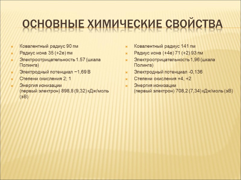 Основные химические свойства Ковалентный радиус 90 пм Радиус иона 35 (+2e) пм Электроотрицательность 1.57